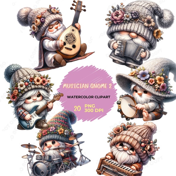 Musician Gnome (Set2) | Musical Instruments | Music Studio | Watercolor Digital Clipart | Transparent Background | Clipart Bundles PNG