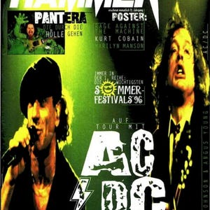 May include: A 1996 Metal Hammer magazine cover with a bright green background. It features the band AC/DC, including Brian Johnson and Angus Young, with bold white text reading AC/DC. The cover includes headlines for Pantera, Rage Against the Machine, Kurt Cobain, and Marilyn Manson.