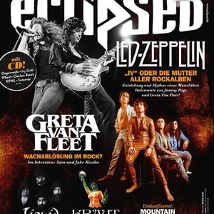 Peut inclure: Couverture du magazine Eclipsed Rock avec Led Zeppelin et Greta Van Fleet. La couverture du magazine a un fond noir avec du texte blanc et rouge. La couverture comprend également des images des groupes et le texte "IV Oder Die Mutter Aller Rockalben".