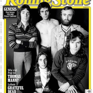 May include: Rolling Stone magazine cover featuring a group of musicians. The magazine's title is in large yellow letters. The cover includes text about Genesis, Thomas Mann, and Grateful Dead. The image has a vintage aesthetic.