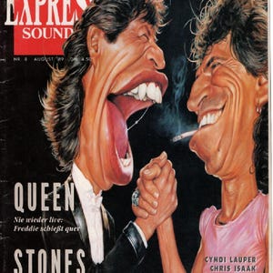 Könnte beinhalten: Ein Musik Express Sound Magazin-Cover vom August 1989 mit einer Karikatur zweier Musiker, die sich die Hände schütteln. Die linke Figur trägt einen schwarzen Smoking, während die rechte Figur ein rosa T-Shirt trägt und eine Zigarette hält.