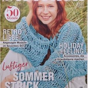 May include: A magazine cover titled Burda Stricken 02/2025 featuring a light blue open-knit sweater with wide sleeves. The text includes 50 Modelle, Retro Liebe, Holiday Feeling, and Luftiger Sommer Strick, with a person wearing the sweater.