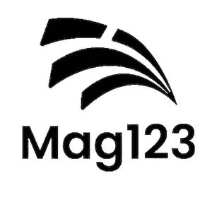 May include: A black and white logo featuring the text "Mag123" in a bold typeface. Above the text is a black design of curved lines, suggesting a stylized arc or wave. The logo is presented on a white background.