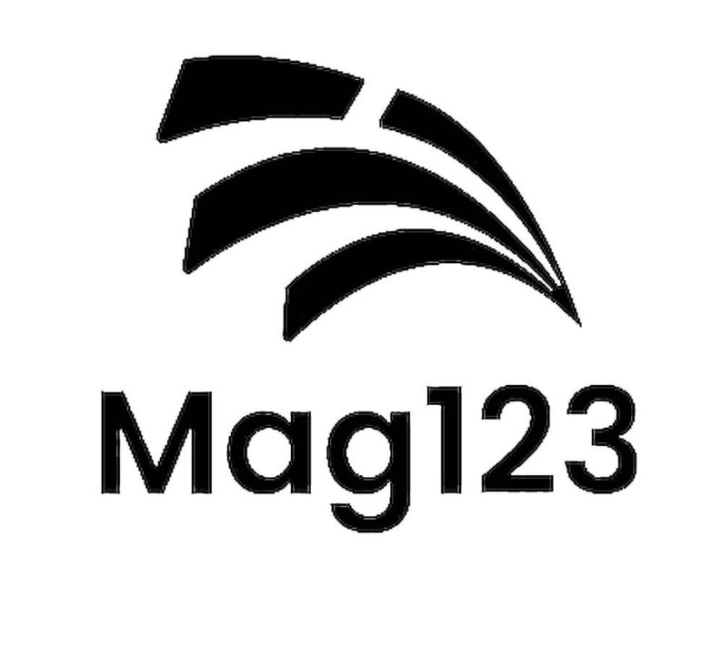 May include: A black and white logo featuring the text "Mag123" in a bold typeface. Above the text is a black design of curved lines, suggesting a stylized arc or wave. The logo is presented on a white background.