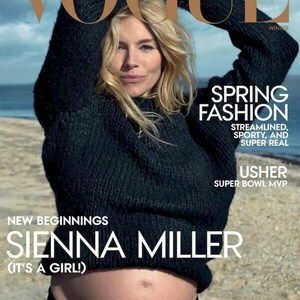 May include: Vogue magazine cover featuring Sienna Miller in a black sweater. The cover includes text that reads "Spring Fashion" and "New Beginnings". The cover also mentions Usher as Super Bowl MVP.