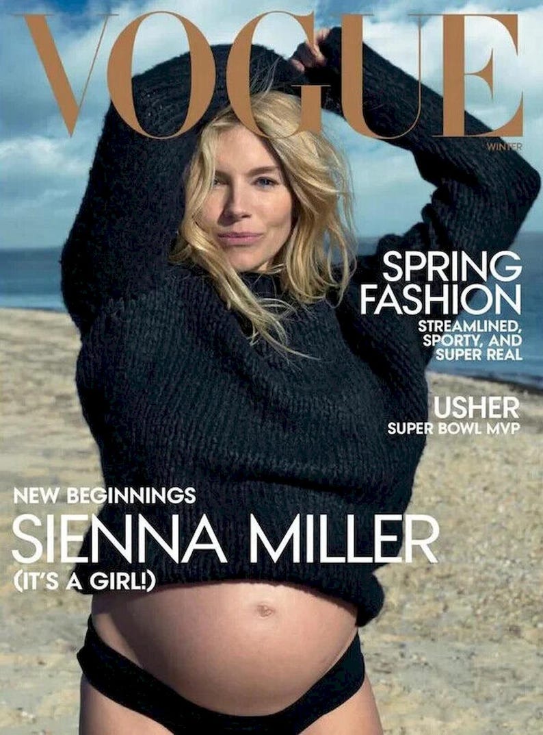 May include: Vogue magazine cover featuring Sienna Miller in a black sweater. The cover includes text that reads "Spring Fashion" and "New Beginnings". The cover also mentions Usher as Super Bowl MVP.