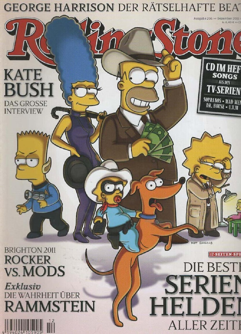 Puede incluir: Portada de la revista Rolling Stone con los personajes de Los Simpson disfrazados. Homer sostiene dinero, Marge lleva un paraguas y Bart est&aacute; vestido como un personaje de Star Trek. La portada incluye texto en alem&aacute;n.
