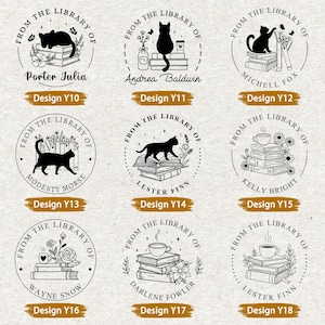 May include: A collection of nine circular designs featuring black cat illustrations, books, and floral elements. Each design includes the phrase "From the Library of" and a name. The designs are in a neutral color palette.
