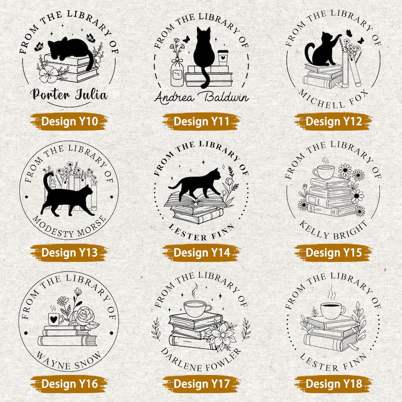 May include: A collection of nine circular designs featuring black cat illustrations, books, and floral elements. Each design includes the phrase "From the Library of" and a name. The designs are in a neutral color palette.