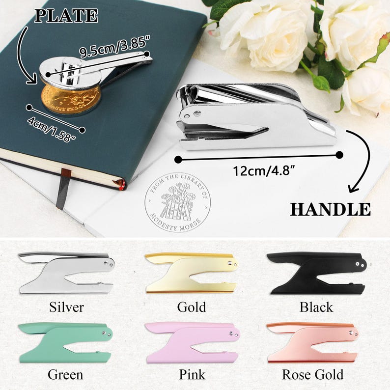 May include: A collection of metal and colored seal presses. The silver press is 4.8 inches long. Other colors include gold, black, green, pink, and rose gold. The plate is 3.85 inches long and the coin is 1.58 inches.