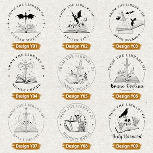 May include: A collection of nine circular stamps with intricate black and white illustrations. Each stamp features the text "FROM THE LIBRARY OF" and a name, along with a unique design, such as a dragon, sword, or skull. Design numbers are included.
