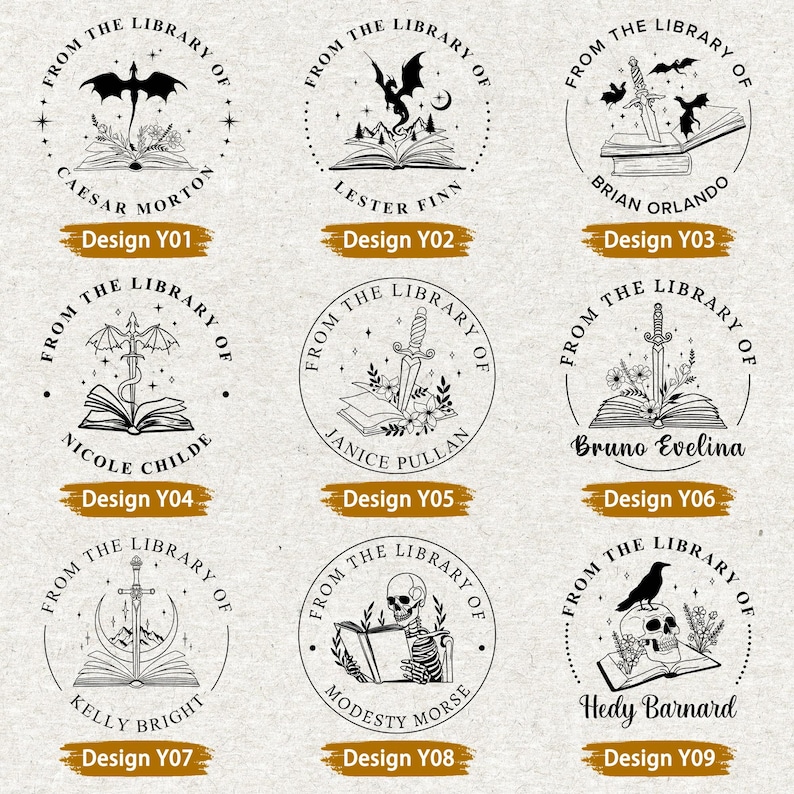 May include: A collection of nine circular stamps with intricate black and white illustrations. Each stamp features the text "FROM THE LIBRARY OF" and a name, along with a unique design, such as a dragon, sword, or skull. Design numbers are included.