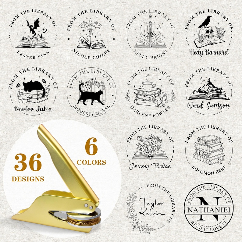 May include: A gold-colored library seal with a lever, accompanied by 12 circular designs featuring book-themed illustrations and names. The image also includes the text "36 Designs" and "6 Colors".