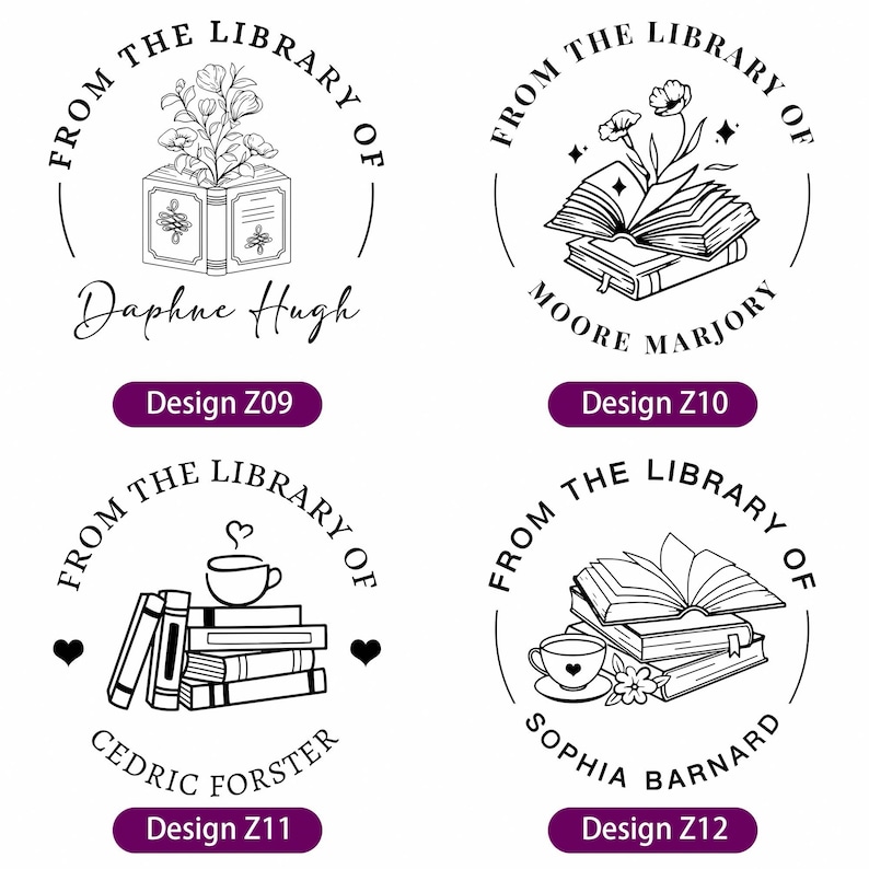 以下が含まれることがあります： 本をテーマにした図書館のスタンプの白黒イラストが4つあります。各スタンプは、本、花、コーヒーカップ、ハートの異なるデザインが特徴です。各スタンプのテキストには、「From the Library of」と、その人の名前が続きます。「Design Z09」、「Design Z10」、「Design Z11」、「Design Z12」というテキストが各スタンプの下に表示されます。