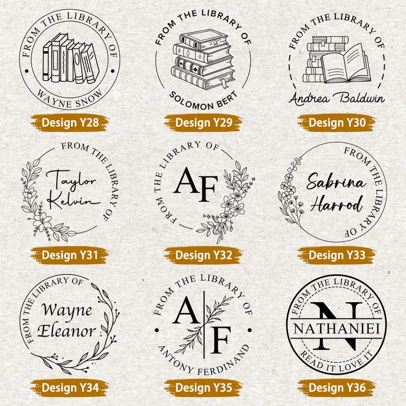 May include: A collection of nine personalized library stamps with various designs. Each stamp features the phrase "From the Library of" encircling a name or initials, along with a unique graphic of books or floral elements. Design numbers are included.