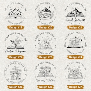 May include: A collection of nine circular library stamps with various designs. Each stamp features the text "FROM THE LIBRARY OF" and a name, along with a unique illustration of mountains, books, or floral elements. The designs are labeled with "Design Y19" through "Design Y27".