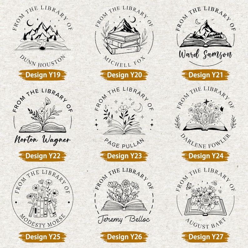 May include: A collection of nine circular library stamps with various designs. Each stamp features the text "FROM THE LIBRARY OF" and a name, along with a unique illustration of mountains, books, or floral elements. The designs are labeled with "Design Y19" through "Design Y27".