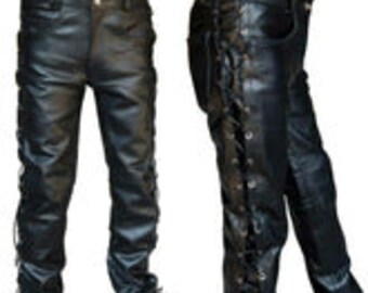 Real men's cowhide leather pants side laced up bikers jeans pants