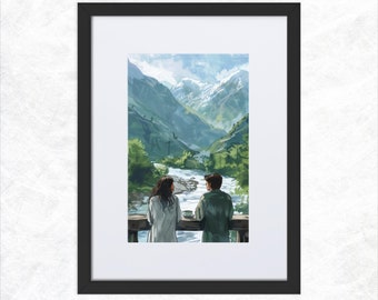 Tea Amidst Peaks: Framed Mountain Tea Scene (White border frame)
