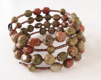 Unakite rosary bracelet in lovely fall colors. Full, five decade Catholic rosary bracelet using the unique pink and green stone.