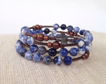 Unique Catholic rosary bracelet with denim blue sodalite beads and copper beads. "Favorite Jeans" Wrap-Around-a-Rosary.