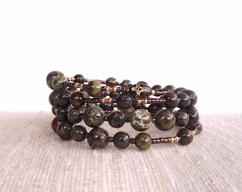 Dragon Blood Jasper Wrap Around Rosary.  Dark olive green full 5 five decade Catholic rosary bracelet and earring set
