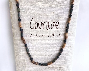 Courage - Morse Code necklace for men. Courage necklace with wood and glass beads, great gift for those in recovery or sobriety anniversary