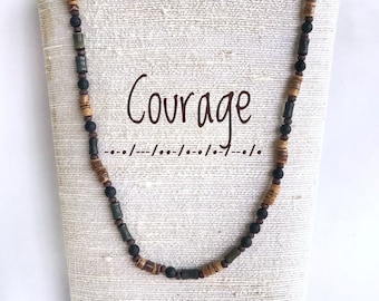 Courage Morse Code Necklace – Wood & Glass Bead Men's style