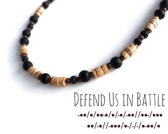 Morse Code Necklace for Men: St Michael Prayer, Wood & Glass Beads