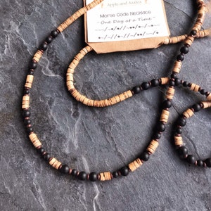 One Day At A Time Morse Code necklace for men with wood and glass beads, Great gift for those in recovery or a sobriety anniversary image 5