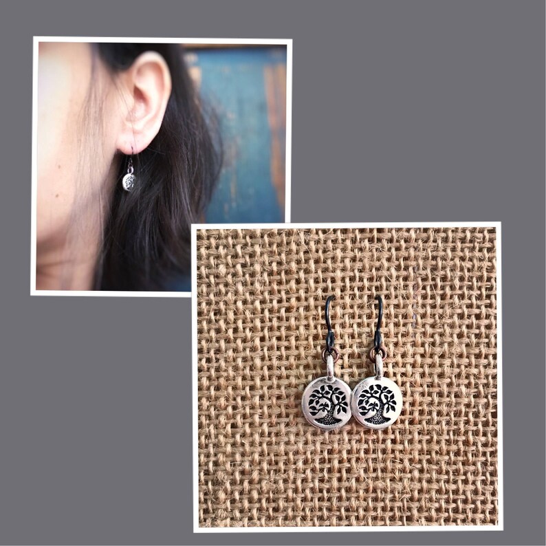 Lotus Flower earrings Silver plated pewter charms with black hypoallergenic ear wires and copper rings Earthy natural style Multitone metal