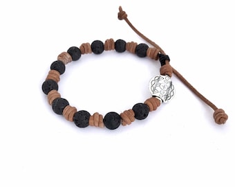 Leather Rosary Bracelet: Black Lava Stone, Adjustable Catholic Bracelet