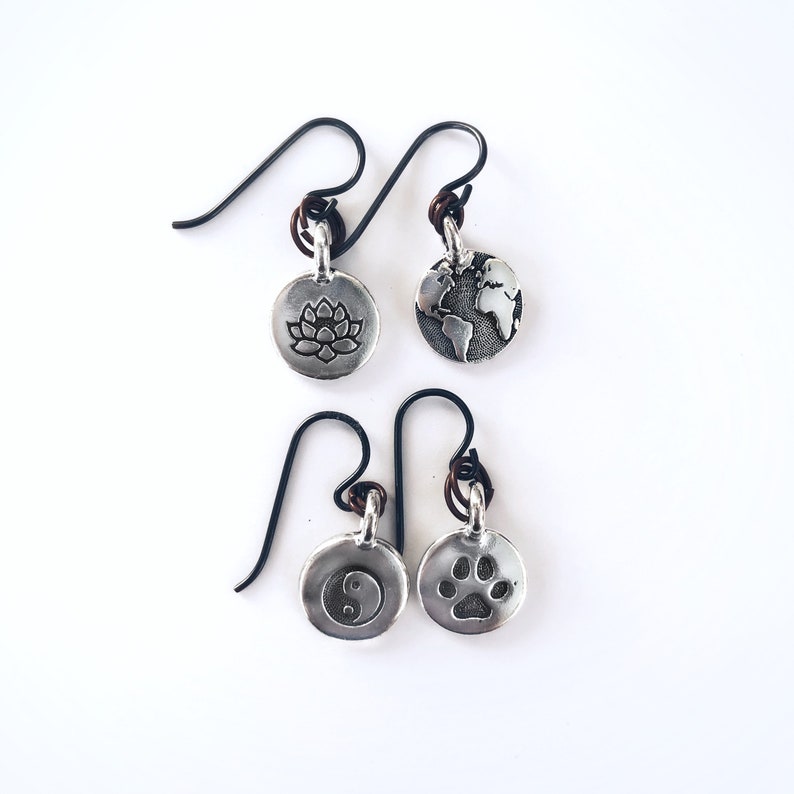 Lotus Flower earrings Silver plated pewter charms with black hypoallergenic ear wires and copper rings Earthy natural style Multitone metal