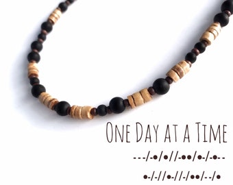 Morse Code Necklace: "One Day At A Time" Wood & Glass Bead Recovery Gift