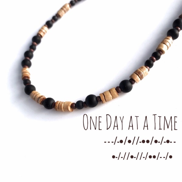 One Day At A Time - Morse Code necklace for men with wood and glass beads, Great gift for those in recovery or a sobriety anniversary