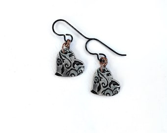 Heart Garden Swirl Earrings: Silver Plated Pewter, Niobium Ear Wires