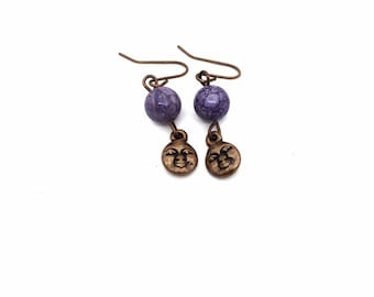 Full Moon earrings. Happy smiling moon in copper with a purple bead