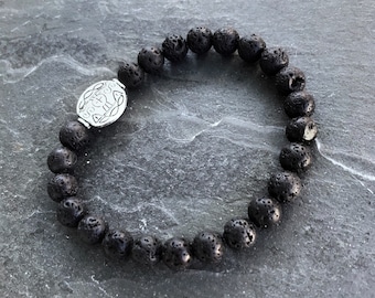Men's Black Lava Stone Bracelet: Southwestern Cross Pewter Bead