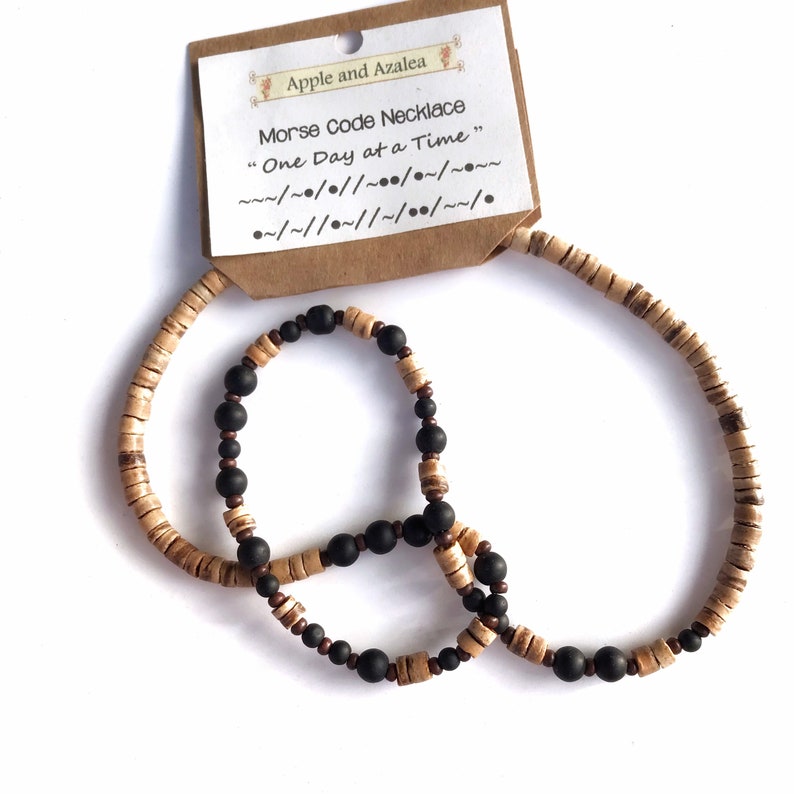 One Day At A Time Morse Code necklace for men with wood and glass beads, Great gift for those in recovery or a sobriety anniversary image 3