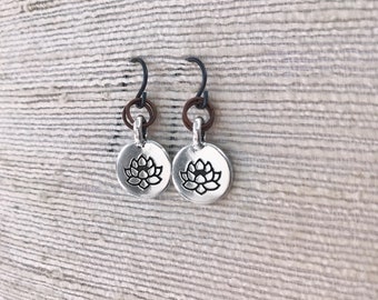 Lotus Flower earrings Silver plated pewter charms with black hypoallergenic ear wires and copper rings Earthy natural style Multitone metal