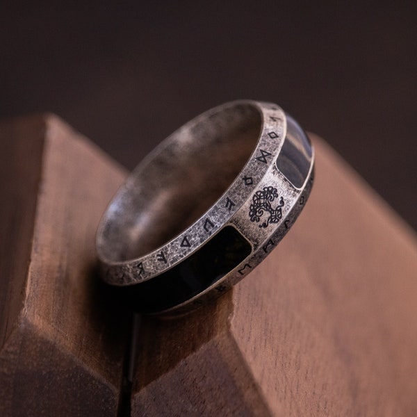 Viking Tree of life  ring for men, Black resin ring for him, Nordic runes  ring, Male Wedding band, Gift for birthday, Anniversary gift