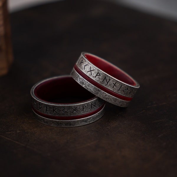 Viking red wood  ring for men, Nordic runes ring for him, Vintage norse ring, Male Wedding band, Gift for birthday, Anniversary gift