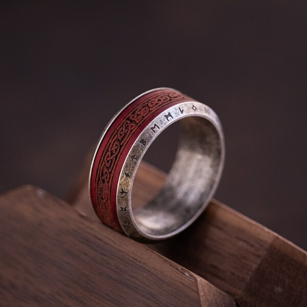 Viking red wood  ring for men, Nordic runes ring for him, Norse  knot ring, Male Wedding band, Gift for birthday, Anniversary gift