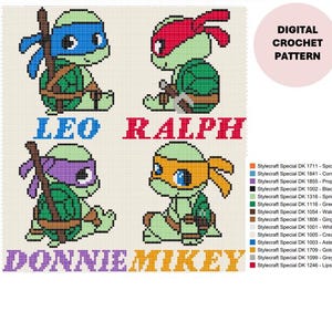 May include: Digital crochet pattern for a Graphghan featuring the Teenage Mutant Ninja Turtles. The pattern includes four turtles: Leo, Ralph, Donnie, and Mikey, each with their signature colours. The pattern size is 120x124 stitches.