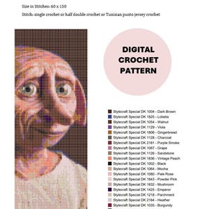 May include: Digital crochet pattern featuring a pixelated image of Dobby from Harry Potter. The pattern includes a color chart and instructions for tapestry crochet, with a size of 60 x 150 stitches. The text "DIGITAL CROCHET PATTERN" is also visible.