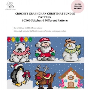 May include: A digital crochet pattern bundle featuring Christmas-themed designs. The pattern includes a polar bear, Santa Claus, a snowman, a penguin, a reindeer, and a gingerbread house. The pattern is 60x60 stitches and offers 6 different designs.