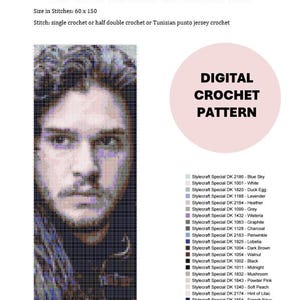 May include: Digital crochet pattern featuring a pixelated portrait of Jon Snow. The pattern includes a list of Stylecraft Special DK yarn colors. The text "DIGITAL CROCHET PATTERN" is in a pink circle. The pattern size is 60 x 150 stitches.