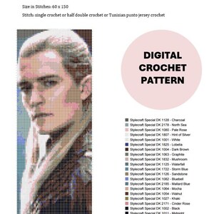 May include: Digital crochet pattern for a Legolas tapestry. The pattern includes a portrait of Legolas made with various colors. The text "DIGITAL CROCHET PATTERN" is in a pink circle. The size is 60 x 150 stitches.