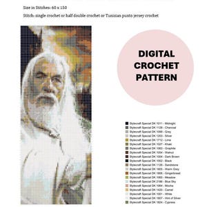 May include: Digital crochet pattern for a Gandalf tapestry. The pattern includes a pixelated image of Gandalf with a long white beard. The pattern is 60 x 150 stitches and uses single crochet or half double crochet stitches.