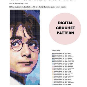 May include: Digital crochet pattern featuring a pixelated portrait of Harry Potter. The pattern includes a list of Stylecraft Special DK yarn colors. The text "DIGITAL CROCHET PATTERN" is in a pink circle. The pattern size is 60 x 150 stitches.